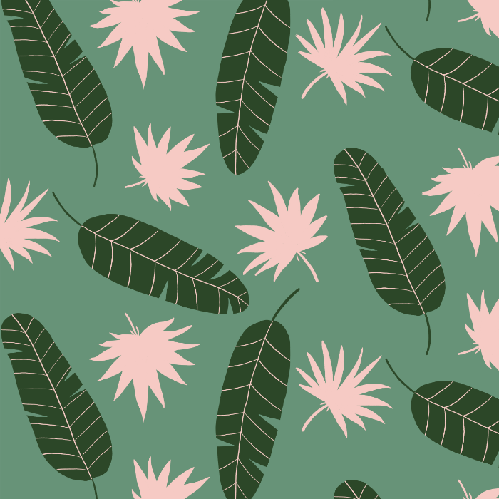 Green Banana Leaves and Pink Palms
