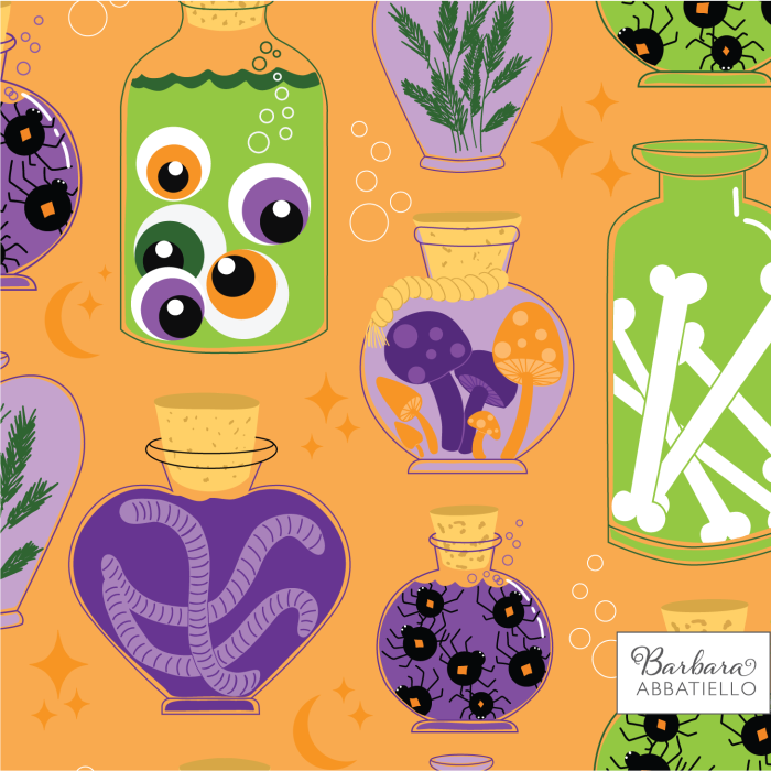 Apothocary jars filled with spooky things on an orange background
