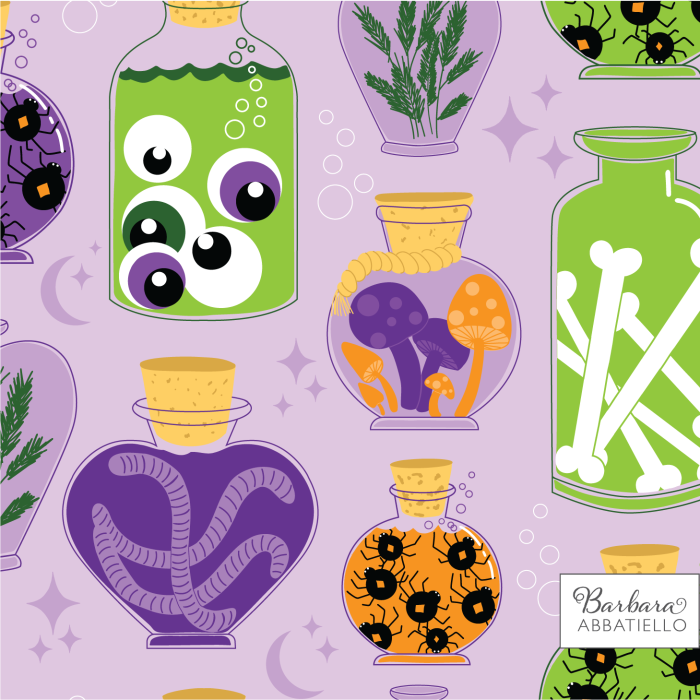 Apothocary jars filled with spooky things on a lavender background