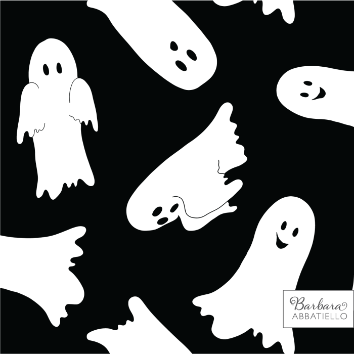 White ghosts float on a black background.