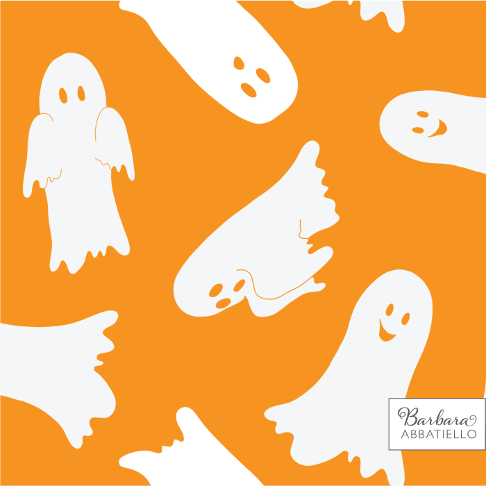 White ghosts float on an orange background.