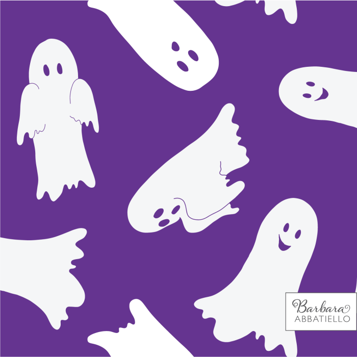 White ghosts float on a purple background.