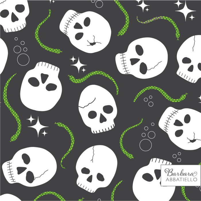 Skulls and green snakes on a black background