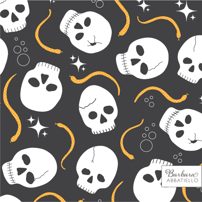 Skulls and orange snakes on a black background.